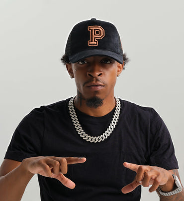 PEGSTYLES Black Suede Trucker Hat | Copper Embroidered P