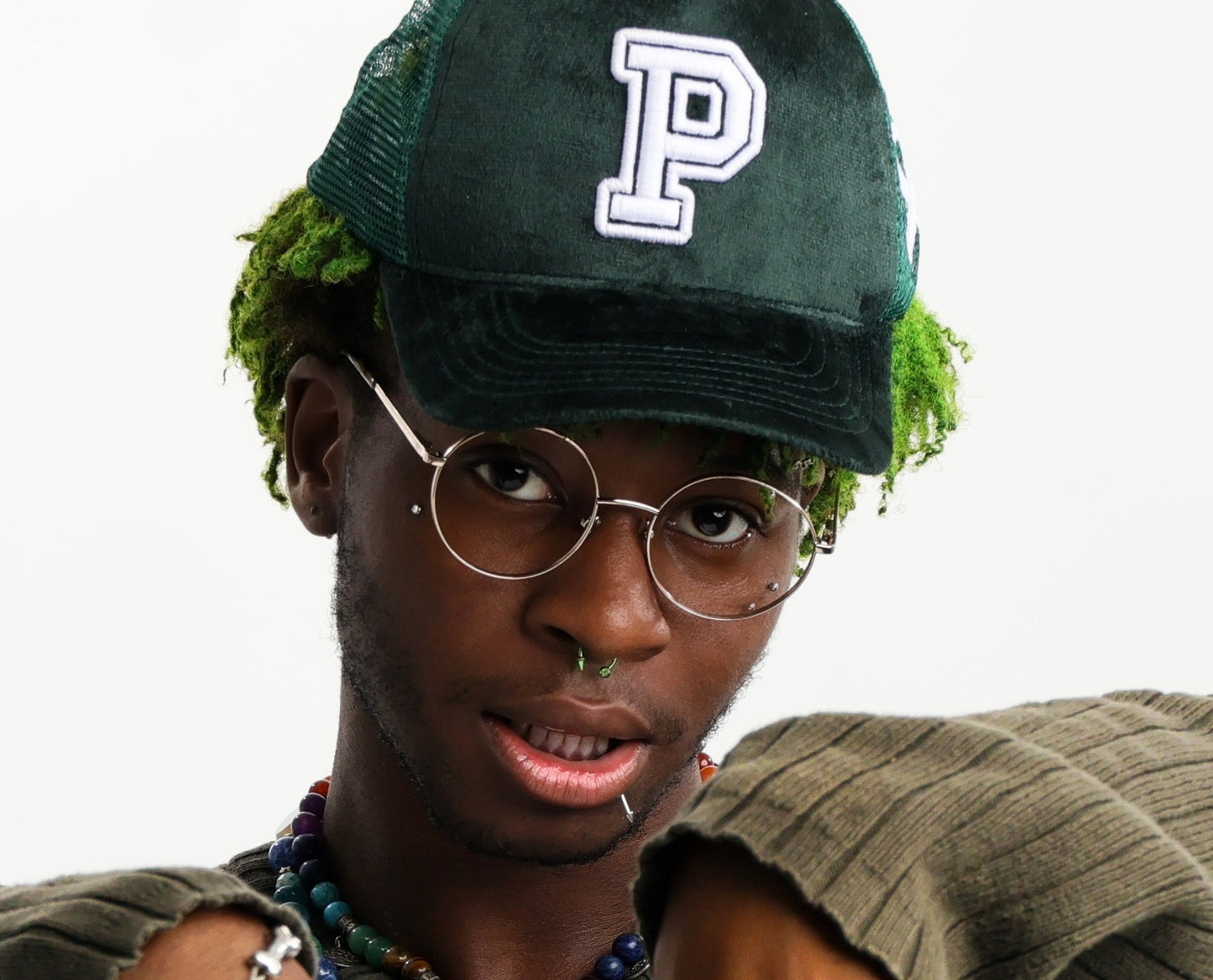 PEGSTYLES Emerald Green Suede Trucker Hat | Embroidered P Trucker Hat