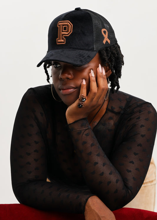 PEGSTYLES Black Suede Trucker Hat | Copper Embroidered P