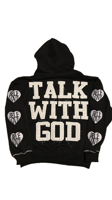 TALK WITH GOD Black with White Seams Hoodie