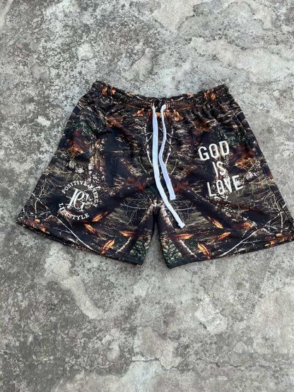 GOD IS LOVE Woodland Shorts - Faith-Based Streetwear | PEGSTYLES