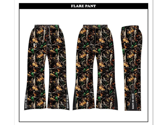 DARK WOODLAND CAMO GOD IS LOVE FLARE/JOGGERS