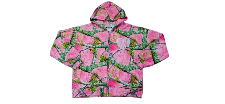 LIGHT PINK WOODLAND CAMO TALK WITH GOD ZIP UP HOODIE