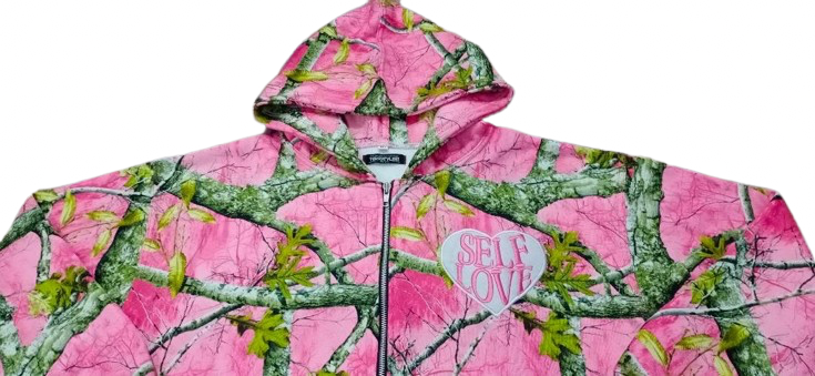 LIGHT PINK WOODLAND CAMO TALK WITH GOD ZIP UP HOODIE