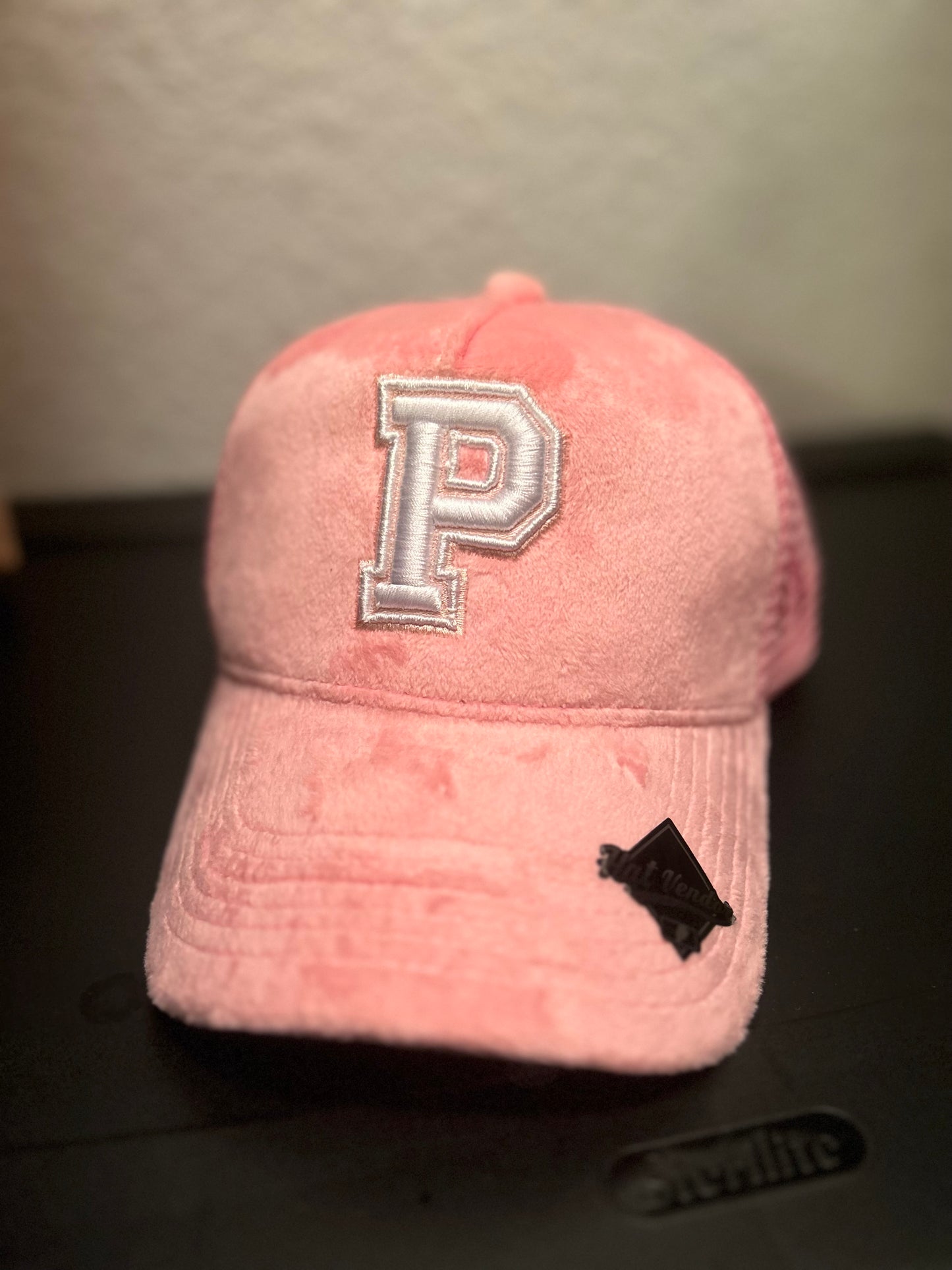 PINK SUEDE P (CANCER AWARENESS) TRUCKER HAT