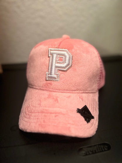 PINK SUEDE P (CANCER AWARENESS) TRUCKER HAT