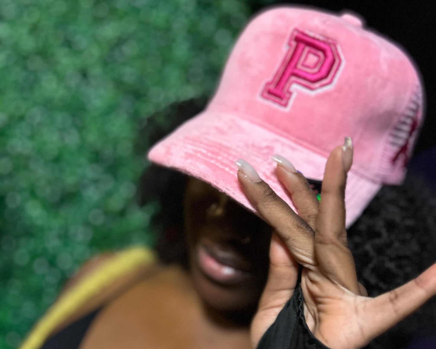 PINK SUEDE P (CANCER AWARENESS) TRUCKER HAT