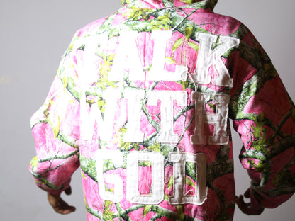 LIGHT PINK WOODLAND CAMO TALK WITH GOD ZIP UP HOODIE