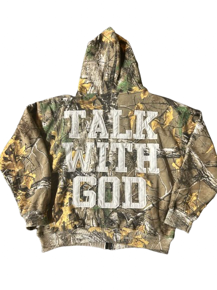 WOODLAND CAMO TALK WITH GOD ZIP UP HOODIE