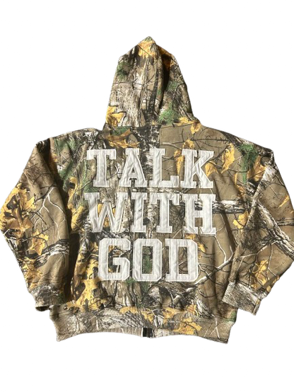 LIGHT WOODLAND CAMO TALK WITH GOD ZIP UP HOODIE