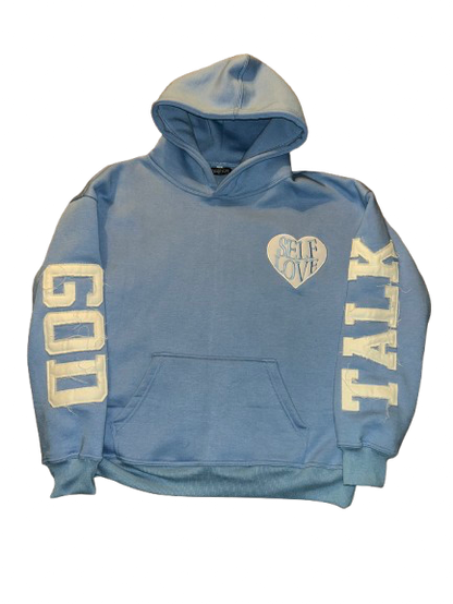 TALK WITH GOD Baby Blue Retro Hoodie - Divine Clarity Energy | PEGSTYLES