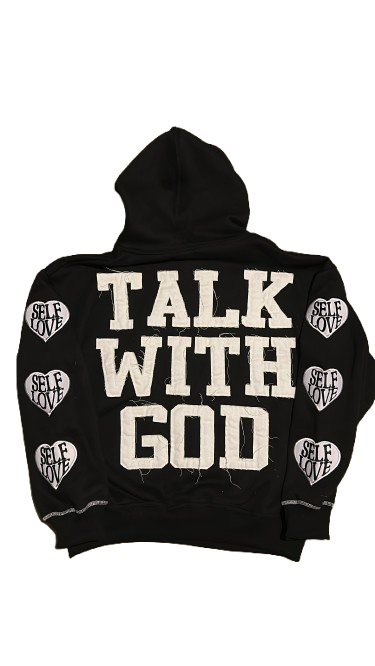 TALK WITH GOD Black with White Seams Hoodie