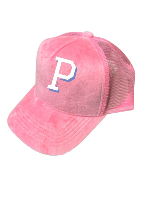 PINK SUEDE P (CANCER AWARENESS) TRUCKER HAT