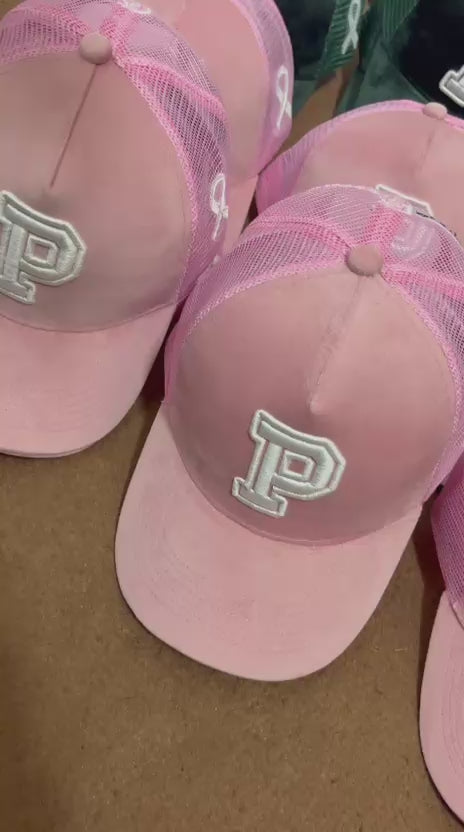 Pink Suede Trucker Hat | White Embroidered P